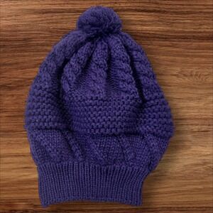 Purple Knit Beanie Pom Pom Hat Winter Ski Cap‎ Womens Polish Acrylic Wool Blend